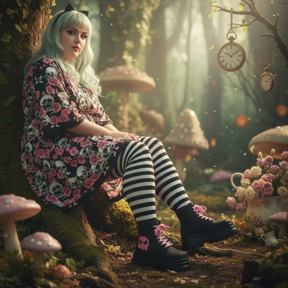 ๐ Platform Ankle Boots - Skull Print - Lace Up - Punk - Square Toe Short Boots - Picture 15 of 17